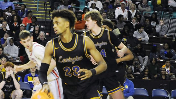 Lexington guard Cam Scott leads a fast break during the 2024 SCHSL Class 5-A Boys Basketball State Championship Game. (3/1/2024)